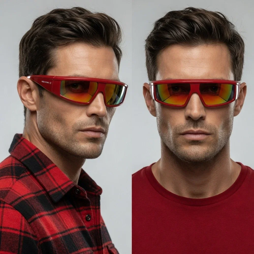 Red Shield Wrap Sunglasses Mens Futuristic Mirrored Orange Lens Sporty Y2K Style
